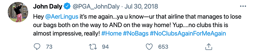 John Daly loses his golf clubs when flying on the airlines