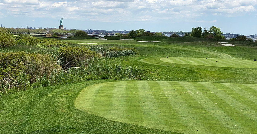 The 19th hole at Liberty National Golf Club
