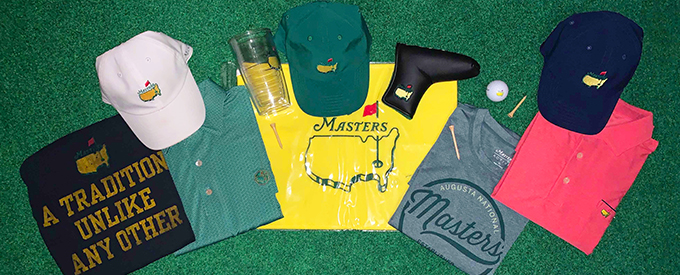 The Masters golf clothing, hats, and cup from the merchandise shop
